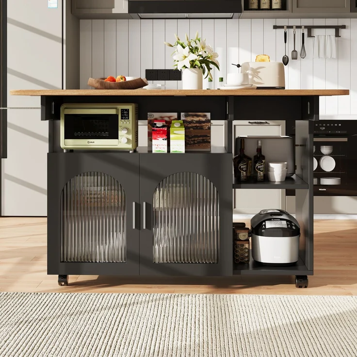Merax Kücheninsel,Modernes Küchensiland, Küchenschrank, Abnehmbare Servierwagen buffetschrank, Speisewagen mit Holzmaserung, buffetschrank, Multifunktionale Esstisch mit Speicherraum, Schwarz – Bild 3