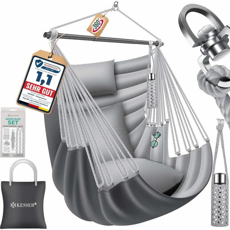 KESSER® 'Haiti' Hängesessel, 360° drehbar, UV-beständig & wasserfest, inkl. 2 Kissen, Tragetasche, Flaschenhalter & Montage-Set, grau/anthrazit, bis 150 kg belastbar – Bild 1