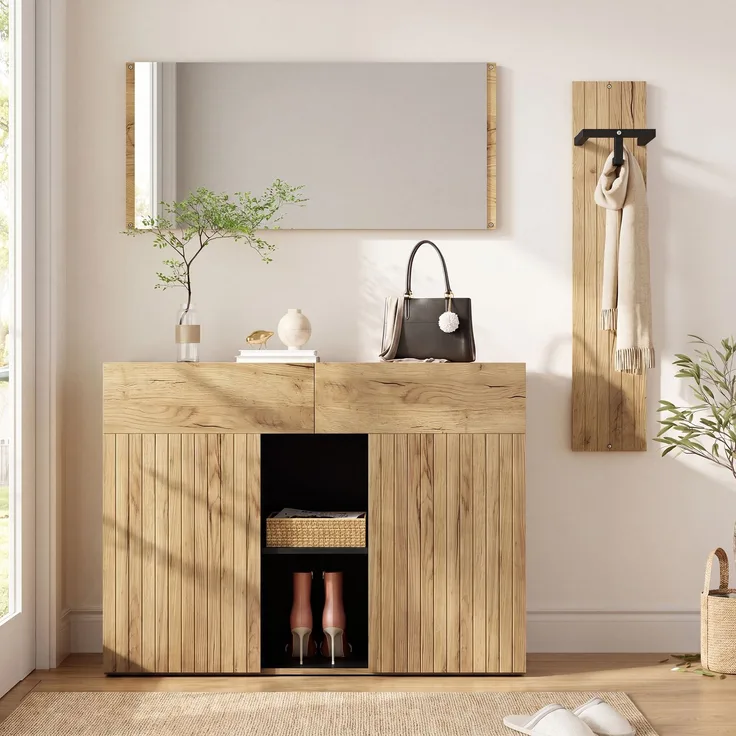 Garderoben-Set mit Spiegel, Kleiderstange & Schuhschrank – Flur-Kombination mit 2 Türen, 2 Schubladen & offenen Fächern, viel Stauraum für Diele & Eingangsbereich, Holzoptik/Schwarz, 125x35x178 cm--Schwarz + Natur--125x35x178cm--YOUDENOVA