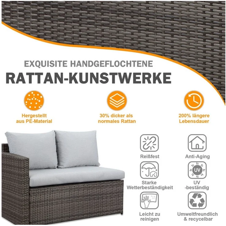 MeXo Loungeset Rattan Gartenmöbel Set 8 Personen Wetterfest, (Esstisch breit 132 x 76 x 67 cm, 7-tlg, Belastbarkeit pro Sitzplatz bis zu 140kg), Gartenlounge Set mit Esstisch, Verbreiterte Armlehne, Stahl/Polyrattan – Bild 3