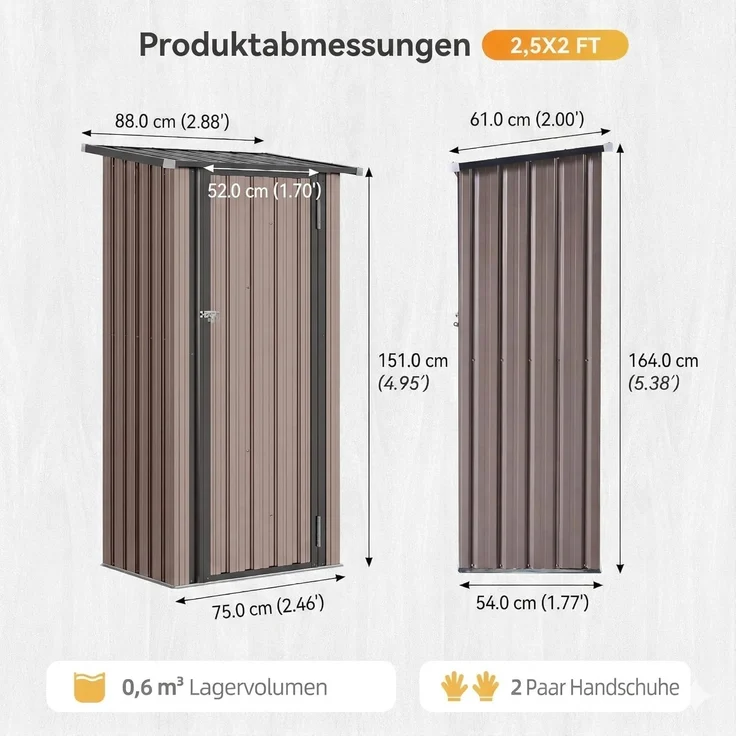 Aoxun Metall-Gerätehaus 88x61x164cm mit 2 verstellbaren Regalböden, Kleiner abschließbarer Werkzeugschrank für Garten, Terrasse & Hof, Braun – Bild 2