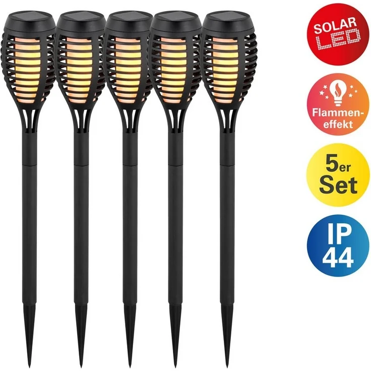 näve LED Solarleuchte Fanilo, Tageslichtsensor, LED fest integriert, Warmweiß, 5er Set Fackeln, Flammeneffekt, schwarz, LED warmweiß, H: 45cm, D: 6cm – Bild 1