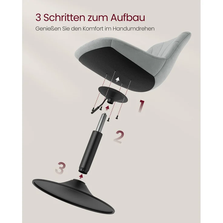 VASAGLE Schminkstuhl, 2er Set, Stizhocker, 65,5-77,5 cm höhenverstellbar, Barhocker, drehbar, Samt-Bezug, grau – Bild 8