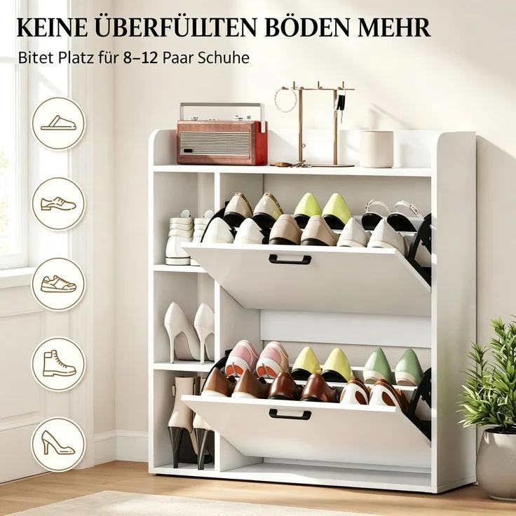 ZUBALIYA Schuhschrank (83 x 24 x 90,5 cm), 2 Schubladen, Verstellbare Einlegeböden, Stauraum für Flur und Eingangsbereich, Weiß – Bild 5