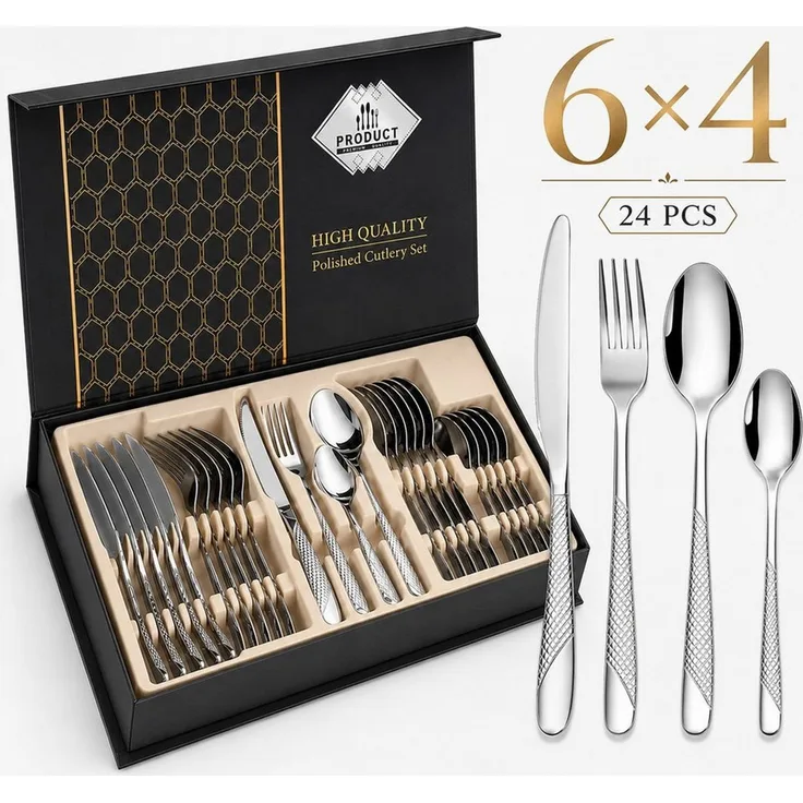 Forrlite Besteck-Set Besteck Set 24-teilig Edelstahl Besteckset,modernes Silber Essbesteck, 6 Personen, mit Messer, Gabel, Löffel & Teelöffel, spülmaschinenfest, Geschenkbox