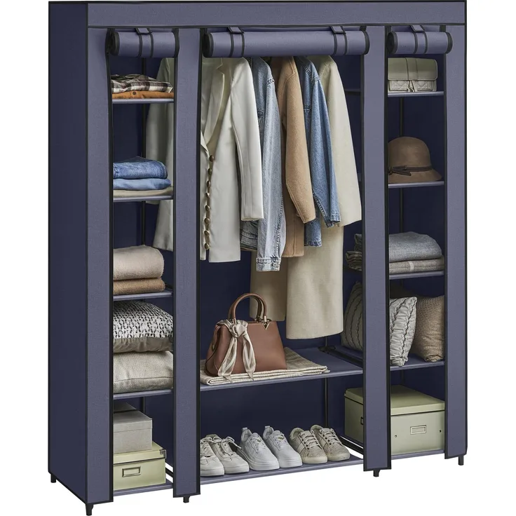 SONGMICS Kleiderschrank, Stoffschrank, mit Überzug aus Vliesstoff, Faltschrank mit Kleiderstange, 45 x 150 x 175 cm, 12 Ablagen, Metallrahmen, Schrank fürs Schlafzimmer, Marineblau LSF003I02
