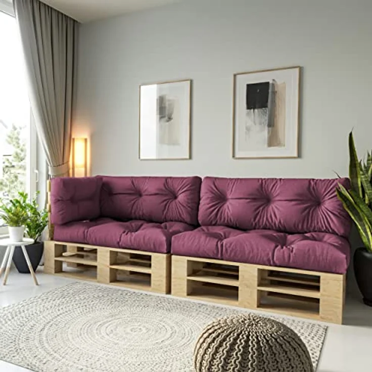 chilly pilley Palettenauflage Schaumflocken palettenkissen Palettenpolster Palettenmöbel Palettensofa Rückenlehne Sitzkissen Seitenkissen Set (5er Set Violett) – Bild 3