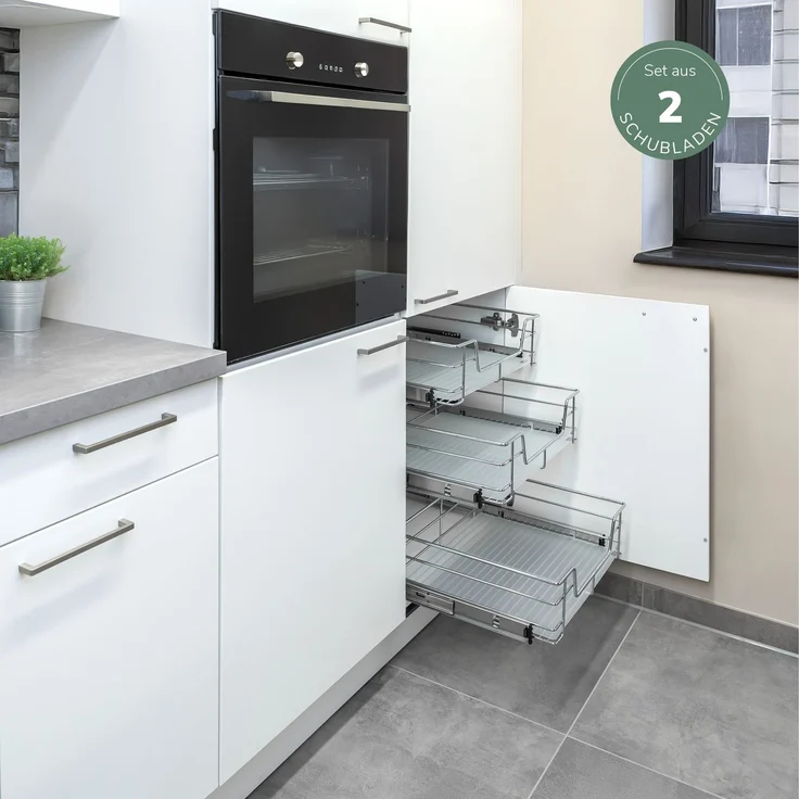 Teleskopschubladen 2er Set - für 50 cm Schrank mit Einlegeboden, aus Metall, (Chrom) – Bild 8