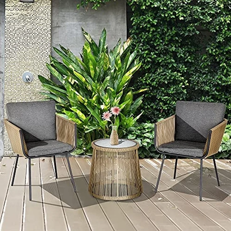 Outsunny Gartenlounge-Set Rattan Gartenmöbel-Set mit 2 Gartenstühle, Beistelltisch, (Sitzgruppe, 3-tlg, Gartengarnitur), für Balkon, Stahl, Grau – Bild 2