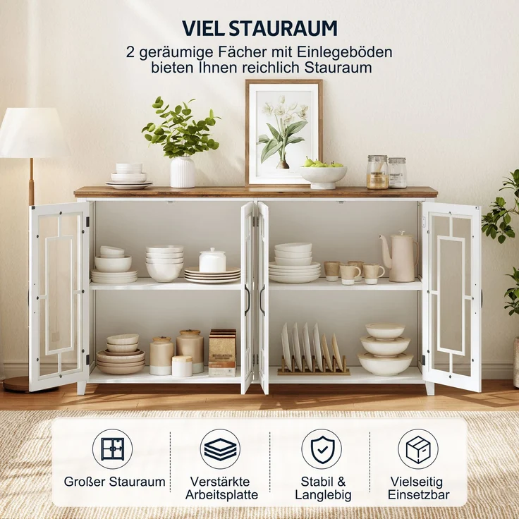 Merax 160cm Küchen-Sideboard mit Glastüren, einem geräumigen Staufach, einer Arbeitsplatte in Holzoptik und einer Kippsicherung, Weiß – Bild 6