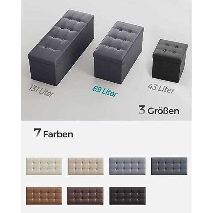 Songmics 76 cm Sitzbank mit Stauraum, Sitztruhe, Aufbewahrungsbox, Fußhocker, faltbar, gepolstert, Bezug aus Kunstleder, bis 300 kg belastbar, dunkelgrau LSF040G01 – Bild 9