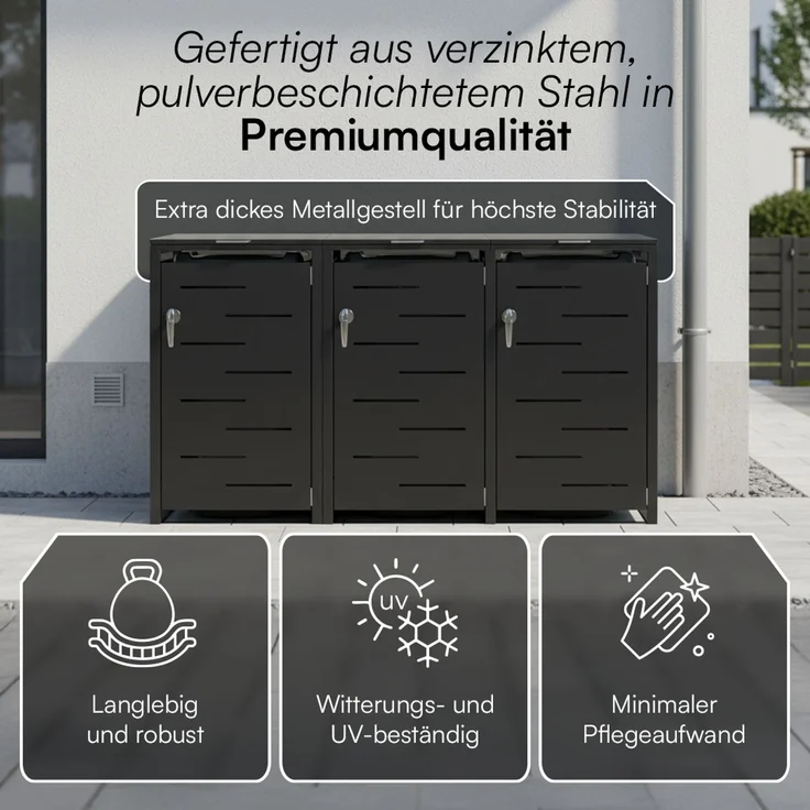 STEELSØN 'Diorus' Mülltonnenbox 3er je 240 Liter, graphitschwarz, Mülltonnenverkleidung aus Stahl mit Sichtstreifen, wetterfest, 116x80x203 cm, abschließbare Müllbox für 3 Tonnen – Bild 5