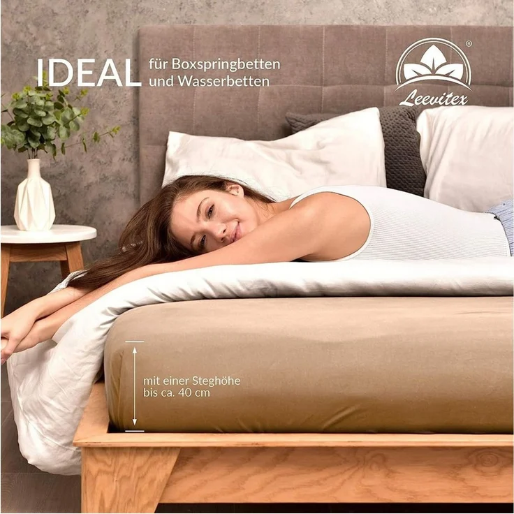 leevitex® Spannbettlaken 120x200 cm - 130x200 cm | Spannbetttuch Bettlaken | 100% Jersey Baumwolle | Matratzenhöhe bis 25 cm | Ökotex | Sand/Cappuccino – Bild 4