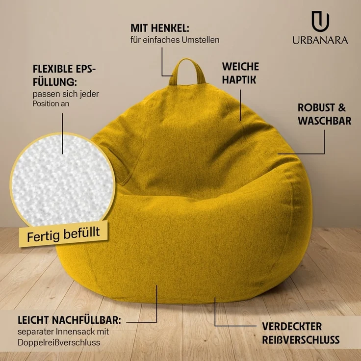 URBANARA Sitzsack 185l senfgelb Basic-Comfort – Bild 2