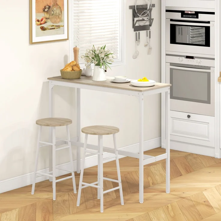 MELAYR, Stehtisch mit 2 Barhockern, Stahlgestell, Tischplatte in Holzoptik, für 2 Personen, 119 x 50 x 15,5 cm, Eiche – Bild 3