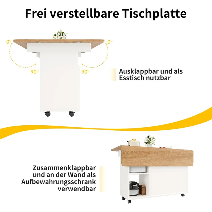 Kücheninsel,Modernes Küchensiland, Küchenschrank, Abnehmbare Servierwagen buffetschrank, Speisewagen mit Holzmaserung, buffetschrank, Multifunktionale Esstisch mit Speicherraum,Weiß – Bild 6
