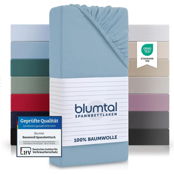 Blumtal® Baumwolle Spannbettlaken Basics Jersey - Bettbezug - Leintuch - Dusk Blue - Oeko-TEX zertifizierte Spannbetttuch 180x200 cm - Matratzenbezug – Bild 1
