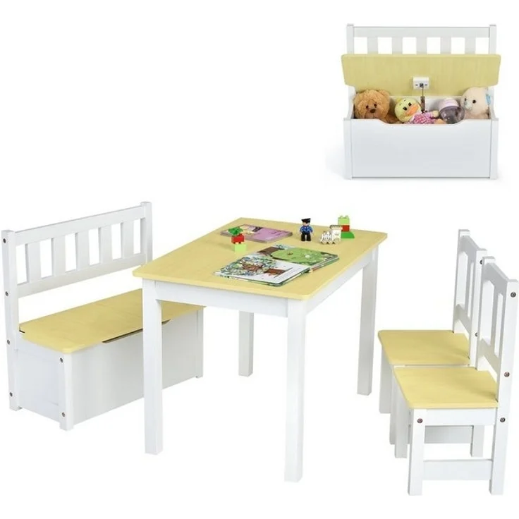 COSTWAY 4 teiliges Kindersitzgruppe Holz, Kindertisch Stühlen Sitzbank mit Stauraum, Sitzgruppe Kinder, Kindertischgruppe, Kindermöbel Kindersitzgarnitur (Natur) – Bild 4