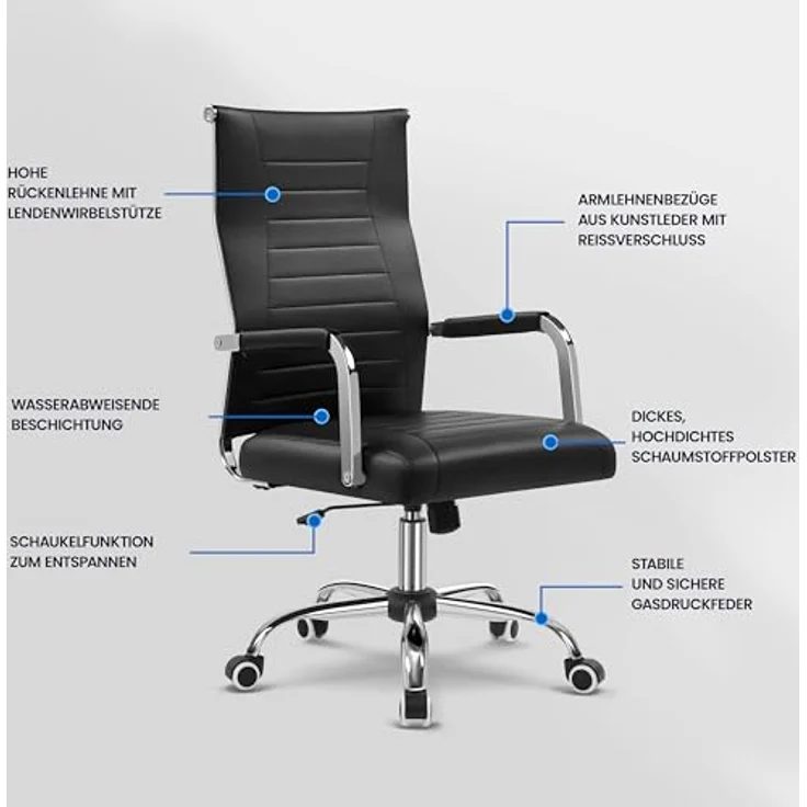 Yaheetech Bürostuhl ergonomischer Schreibtischstuhl mit Armlehnen, Chefsessel Computerstuhl hoher Rückenlehne, Arbeitsstuhl mit Wippfunktion bis 136 kg Belastbar Schwarz – Bild 9