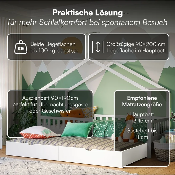 Bellabino 'Vils' Hausbett 90x200 cm mit Gästebett 90x190 cm, weiß, Kiefer Massivholz, Montessori Kinderbett mit Ausziehbett, inkl. Rausfallschutz und Lattenrost – Bild 4