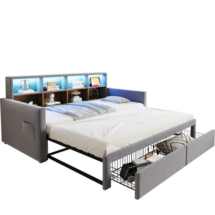 Merax Einzelbett Daybett 90/180 x190cm Ausziehbares Polsterbett Schlafsofa, Kopfteil mit integrierten Staufächern, LED-Lichtleiste und Ladesteckdosen, Mit 2 Schubladen, Samt Hellgrau – Bild 10
