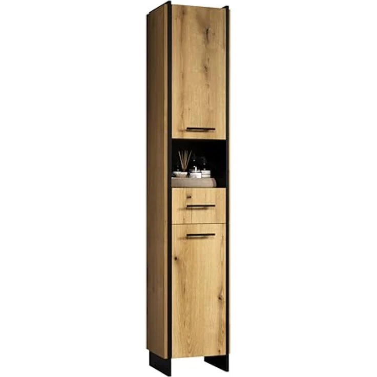 trendteam smart living - Safiya - Hochschrank - Eiche/Schwarz - Hochschrank mit 2 Türen 2 Einlegeböden 1 Schubkasten mit Vollauszug und 1 offenes Fach - (BxHxT) 37 x 190 x 31 cm – Bild 2