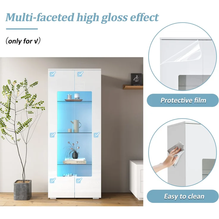 DESVIAE Vitrine mit LED-Beleuchtung, 2 Acryltüren, 70x173x40 cm, MDF Weiß – Bild 3