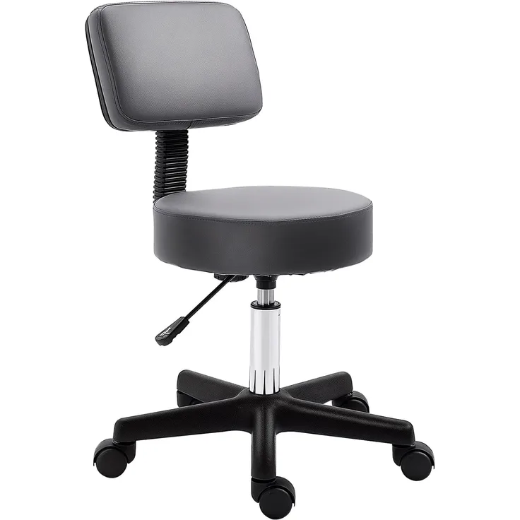 HOMCOM Rollhocker Höhenverstellbarer Arbeitshocker mit Lehne, Drehbarer Salon Hocker für Massage Büro Kunstleder Grau Ø35x72-84 cm
