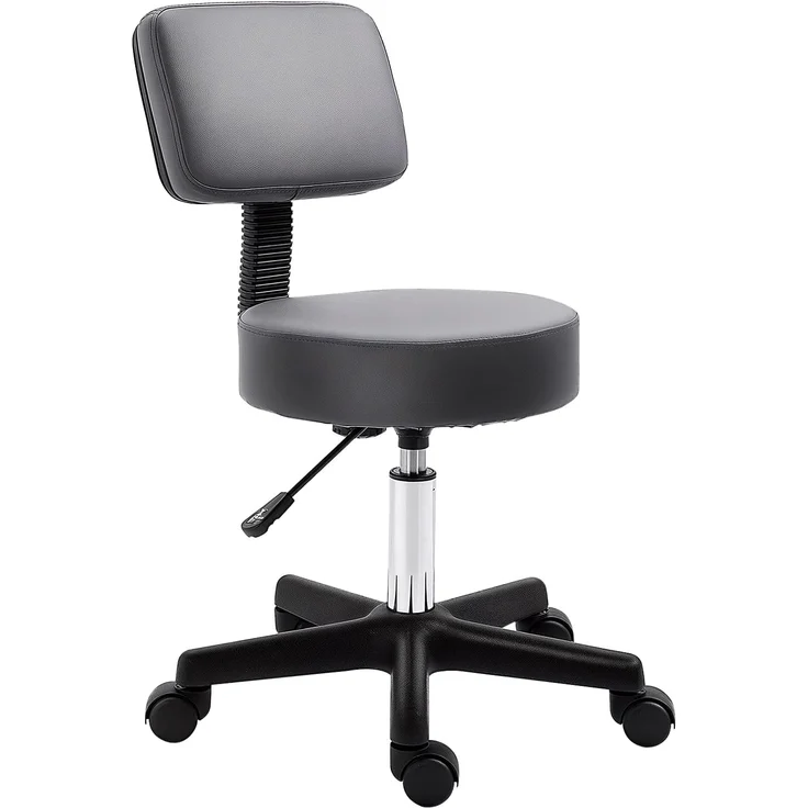 HOMCOM Rollhocker Höhenverstellbarer Arbeitshocker mit Lehne, Drehbarer Salon Hocker für Massage Büro Kunstleder Grau Ø35x72-84 cm