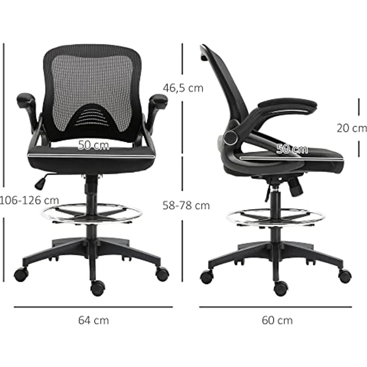 Vinsetto Drehstuhl Mesh, Schwarz, ergonomisch, höhenverstellbar, mit hochklappbaren Armlehnen, 60x126x64 cm – Bild 3