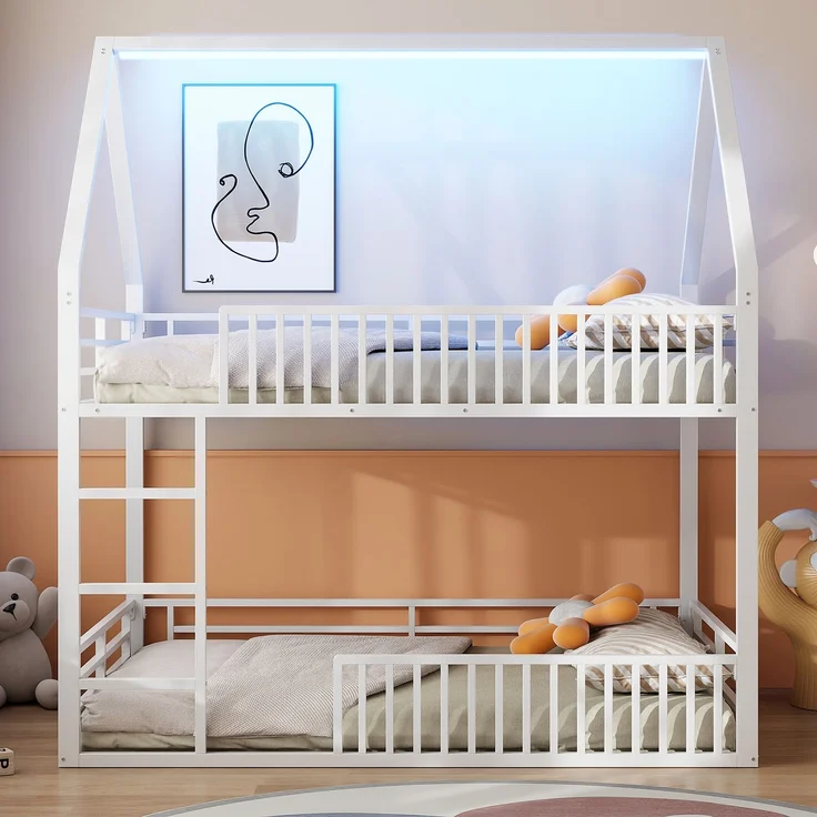 U-life Haus-Etagenbett 140x200 cm mit Sicherheitszaun, LED-Beleuchtung und 2 Lattenrosten, Weiß – Bild 5