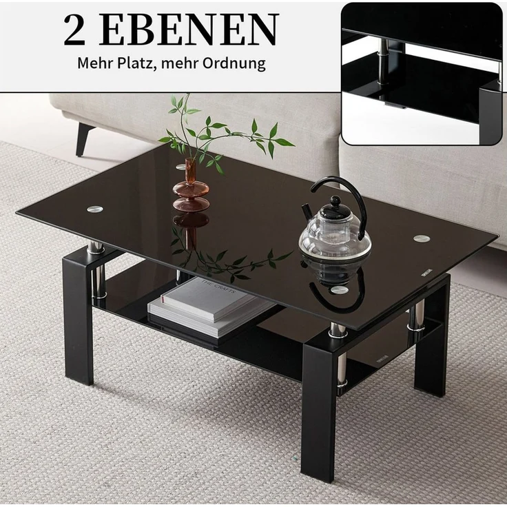 SeedWave Couchtisch Moderner Sofatisch bis 68kg, mit 100cm Glastischplatte, Metallbeinen, 2 Ebene Wohnzimmertisch mit Ablage – Bild 4