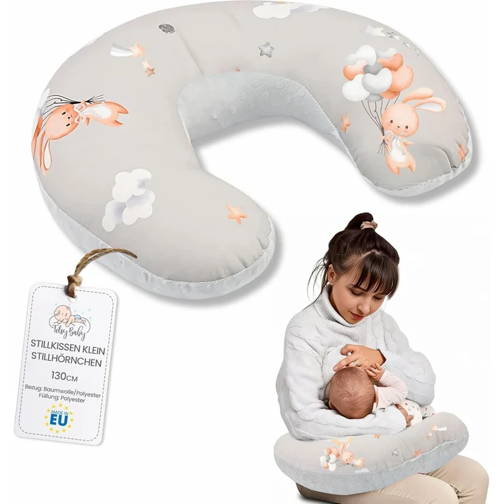 Totsy Baby Stillkissen klein Mond Minky 130 cm - Nursing und Breastfeeding Pillow Stillmond Stützkissen Stillhörnchen kleines Still Kissen und Lagerungskissen beim Stillen Oeko-Tex Kaninchen – Bild 1