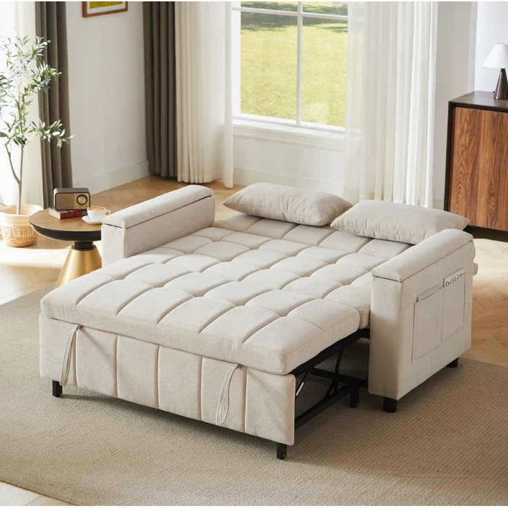 Schlafsofa Chenille, 3-in-1 mit Armlehnen-Stauraum, 148,6x81,3x86,4 cm, Beige – Bild 2