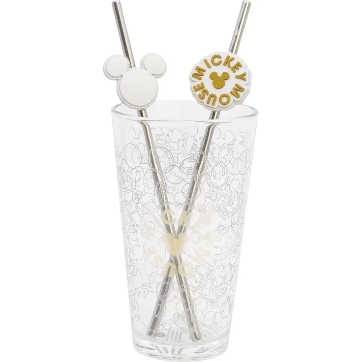 Disney Mickey Mouse Glas 480 ml mit 2 Edelstahl Trinkhalmen