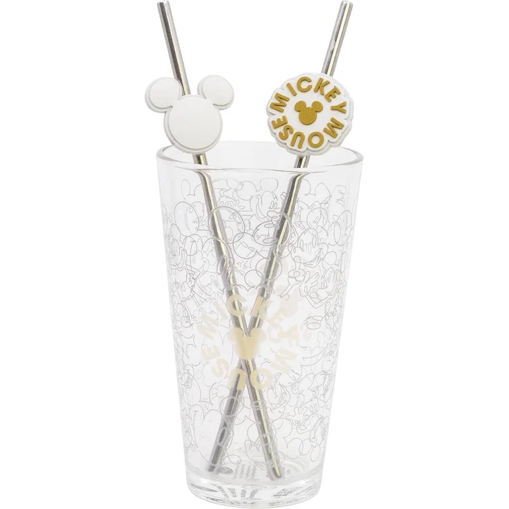 Disney Mickey Mouse Glas 480 ml mit 2 Edelstahl Trinkhalmen – Bild 1