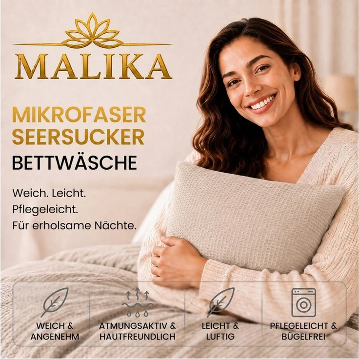 Malika Bettwäsche aus 100 % Mikrofaser, 1x 200x200 + 2x 80x80 cm, Seersucker, Beige, Seersucker, 3 teilig, Für Allergiker geeignet, pflegeleicht, angenehm weicher Stoff – Bild 2