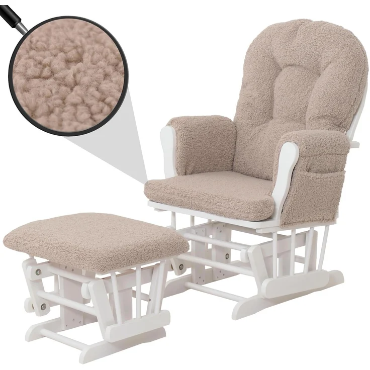 Relaxsessel HWC-C76, Schaukelstuhl Sessel Schwingstuhl + Hocker Stoff Bouclé 480g/m² Öko-Tex ~ braun Gestell weiß – Bild 1