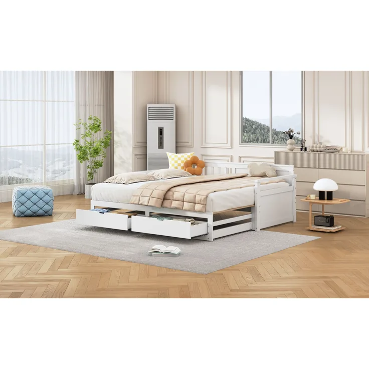 Tagesbett Weiß Ausziehbar 90-180x190 Massivkiefer Schubladen Stauraum 200kg Tragkraft Gästebett Wohnzimmer Kompakt