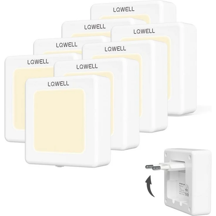 LQWELL LED Steckdosenleuchte Nachtlicht Steckdose Faltbar mit Dämmerungssensor, Nachtlampe Einstellbare Helligkeit, LED fest integriert, Automatisch Steckdosenlicht, Orientierungslicht Warmweiß, Bewegungsmelder, 1/2/3 Stück LED Nachtlicht Kinder – Bild 1