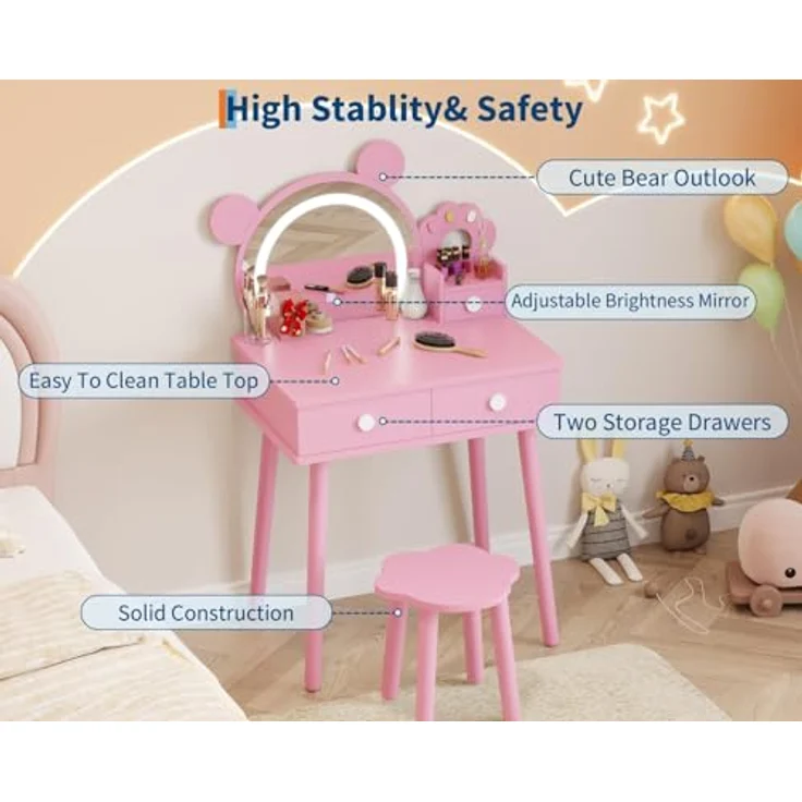 GarveeLife Schminktisch für Kinder, Mädchen, mit Spiegel & LED-Licht in 3 Farben mit 2 Schubladen, für Kinder von 3 – 8 Jahren, 55 x 38 x 101 cm – Bild 4