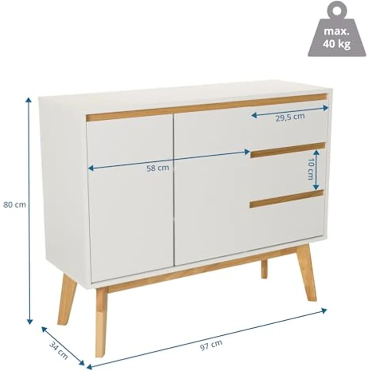 hjh LIVING Kommode mit 3 Schubladen, 2 Türen TAROLO I Sideboard im skandinavischen Stil, Soft-Close, griffloses Design, Schrank mit Holzbeinen, Weiß – Bild 4