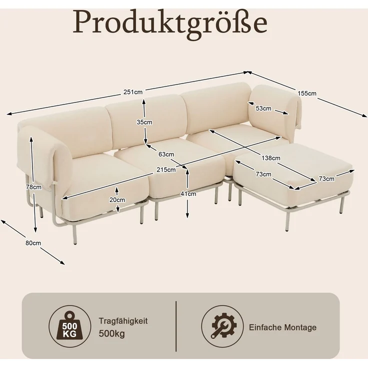 Modulares 3-Sitzer-Sofa mit Hocker, B 251 x T 155 x H 78 cm, beiger Chenille, flexibel kombinierbar – Bild 5