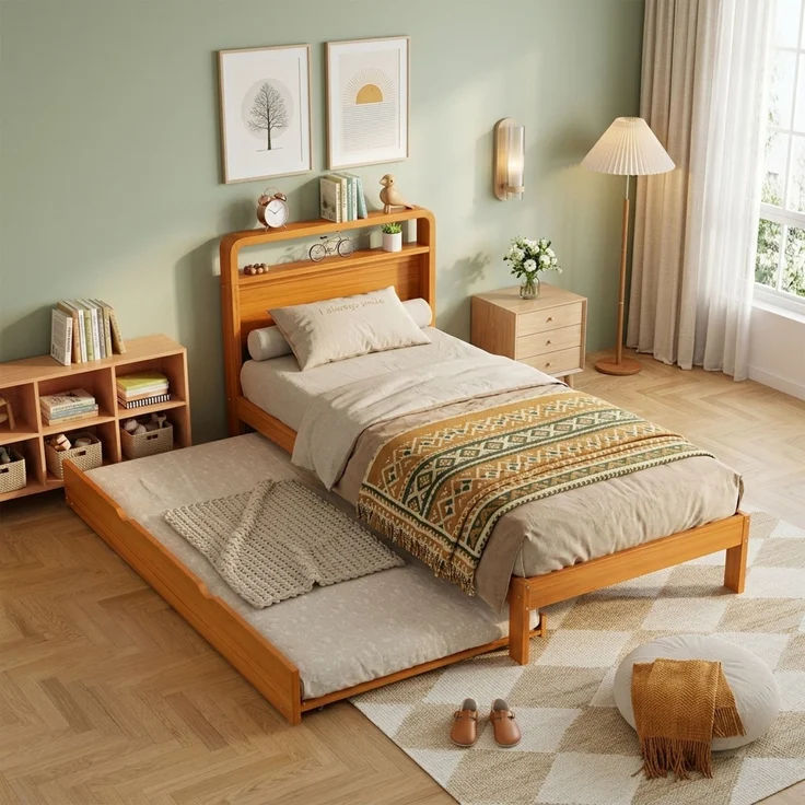 Merax Holzbett, Einzelbett, Kinderbett, 90x200 cm, mit Ausziehbett 90x190 cm, Funktionsbett mit links/rechts montierbarem Gästebett, Natur – Bild 2