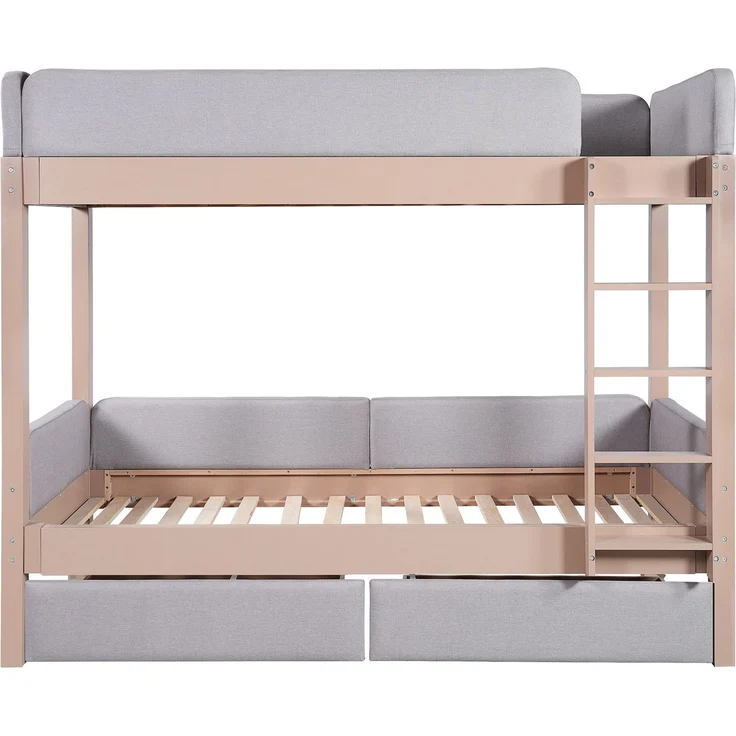 Etagenbett mit gepolstertem Rausfallschutz und Schubladen, 90x200cm, Kinderbett mit Trittleiter und Lattenrost, Massivholz – Bild 7