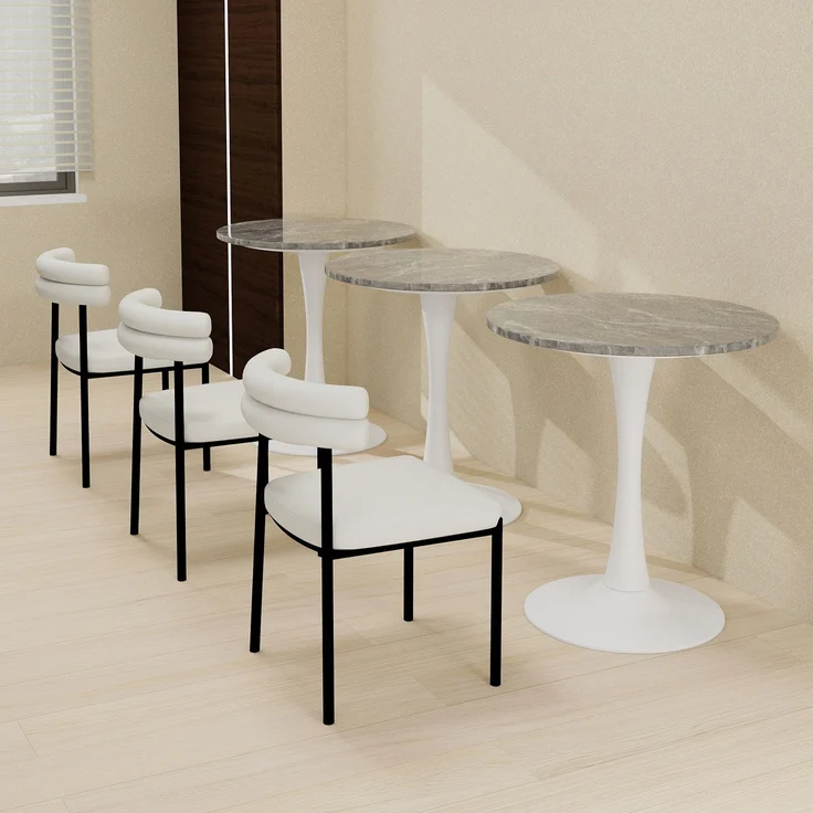 Novelux Runder Esstisch 70 cm Weißer Couchtisch Mid-Century Tisch für 2-4 Personen – Marmor Optik Tischplatte dunkelgraue Adern, Kompakter Bistrotisch – Bild 8