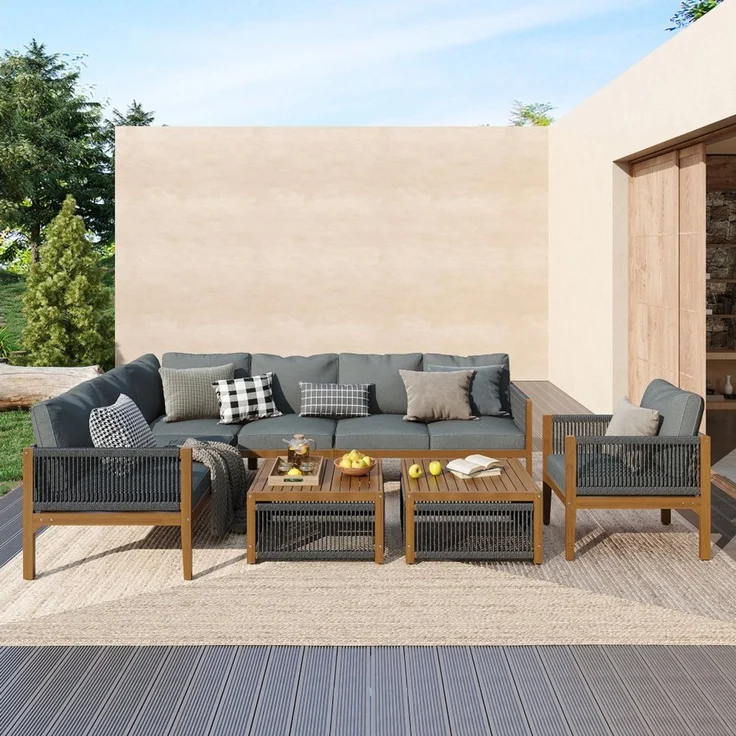 BBWL Gartenlounge-Set mit Akazienholz, Sofa, 2 Tische, wetterfest, Kissen abnehmbar waschbar, Gartenmöbel Sitzgruppe 7–8 Personen Lounge Set – Bild 1