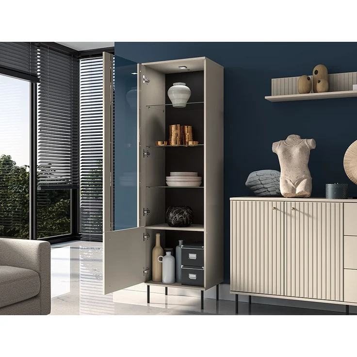 Wohnzimmer Vitrine SALOU-131 in kaschmir matt, goldfarbene Metallgriffe, B/H/T ca. 55/190/40 cm – Bild 2