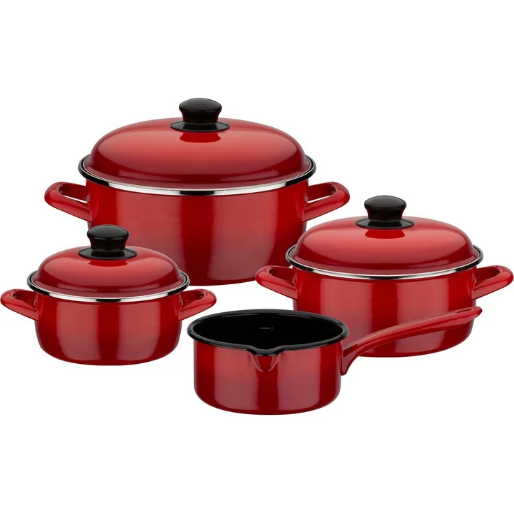 GSW Topf-Set Red Shadow, Emaille (Set, 7-tlg, je 1 Kochtopf 16/20/24 cm, 1x Stielkasserolle 16 cm), Induktion