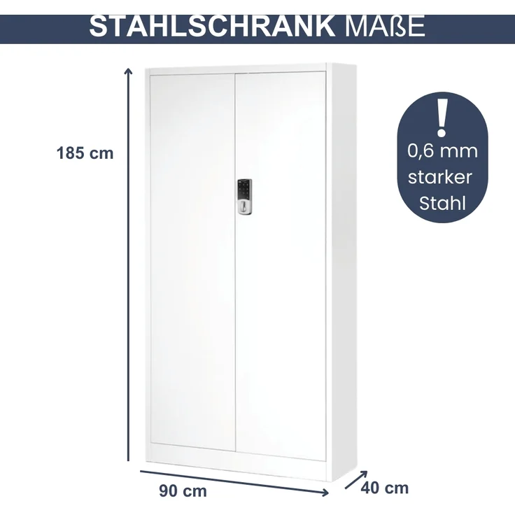 Metallschrank abschließbar ODIS - Zahlenschloss, 5 Ebenen | Aktenschrank Büroschrank Stahl Mehrzweckschrank Werkstatt Werkzeugschrank, 185x90x40cm Weiß – Bild 2
